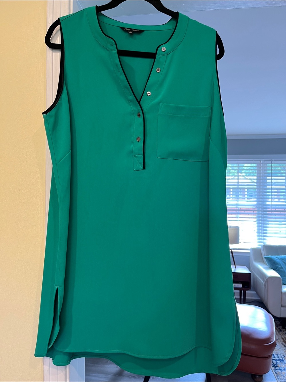 John Mark Emerald Green Blouse with Black Trim Size L
